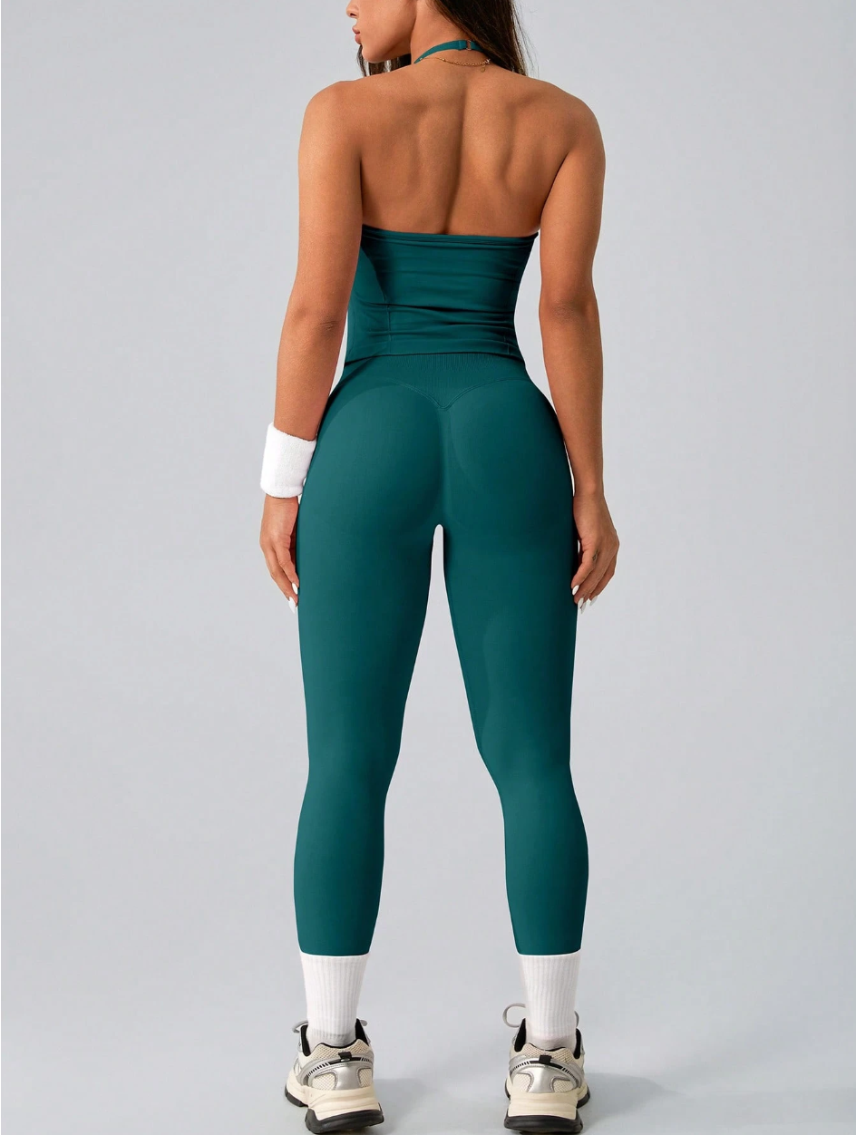 SET DEPORTIVO NCMRYU TOP HALTER CON TIRAS AJUSTABLES + LEGGING PUSH UP