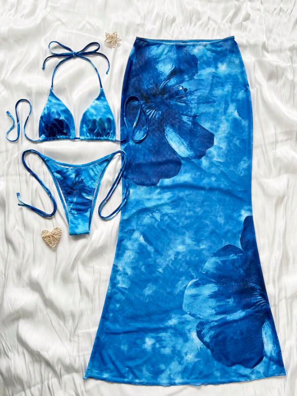 SET AZURE BLUE  BIKINI + POLLERA