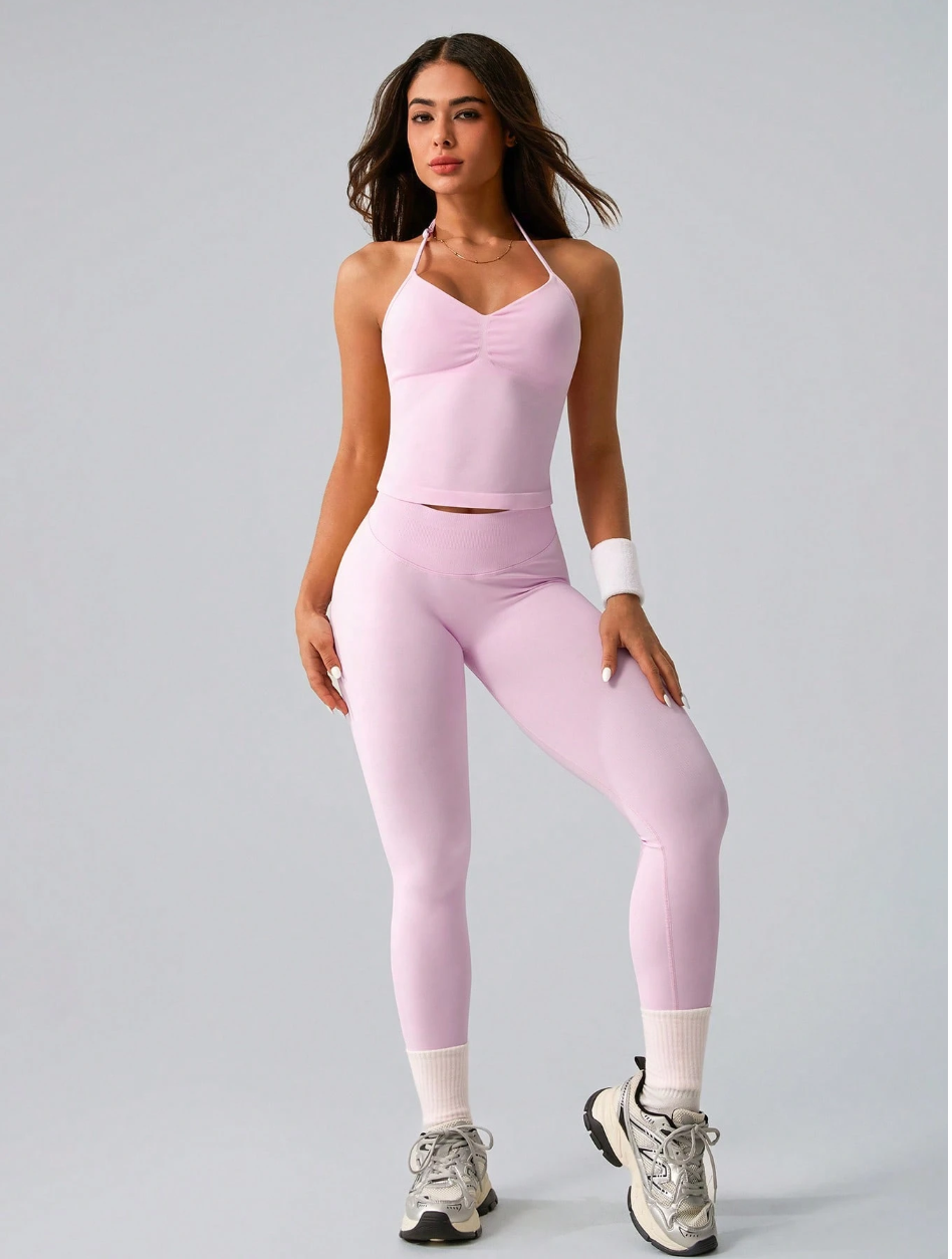 SET DEPORTIVO NCMRYU TOP HALTER CON TIRAS AJUSTABLES + LEGGING PUSH UP