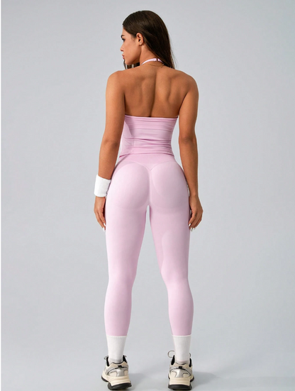 SET DEPORTIVO NCMRYU TOP HALTER CON TIRAS AJUSTABLES + LEGGING PUSH UP