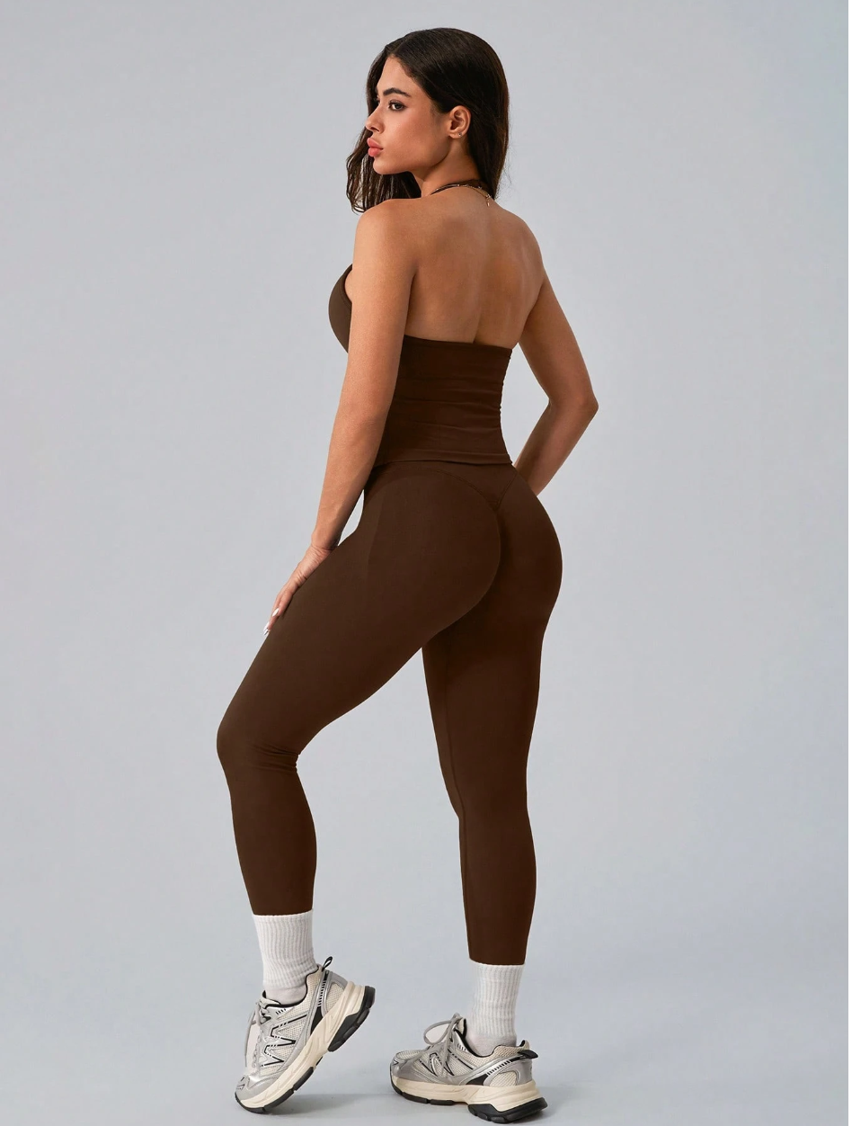 SET DEPORTIVO NCMRYU TOP HALTER CON TIRAS AJUSTABLES + LEGGING PUSH UP