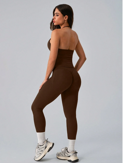 SET DEPORTIVO NCMRYU TOP HALTER CON TIRAS AJUSTABLES + LEGGING PUSH UP